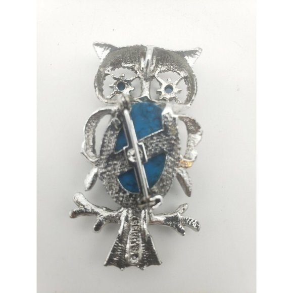 Vintage Signed Gerry’s Pin/Brooch Owl Silver Tone And Blue Turquoise - Picture 4 of 5